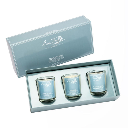 Reflection votive set with three scented candles in glass holders inside gift box