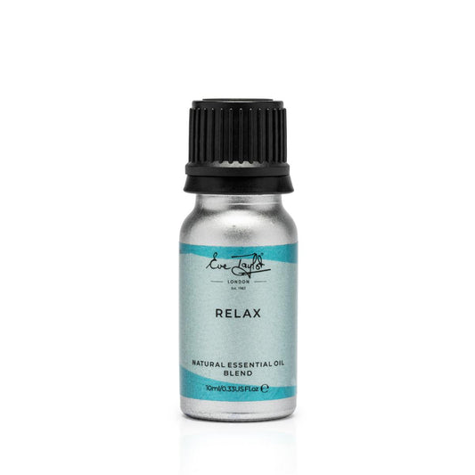 Relax natural essential oil blend bottle with black ribbed cap
