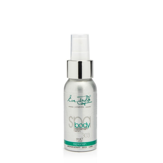 Replenish 303 body serum bottle with silver pump, Eve Taylor London on label
