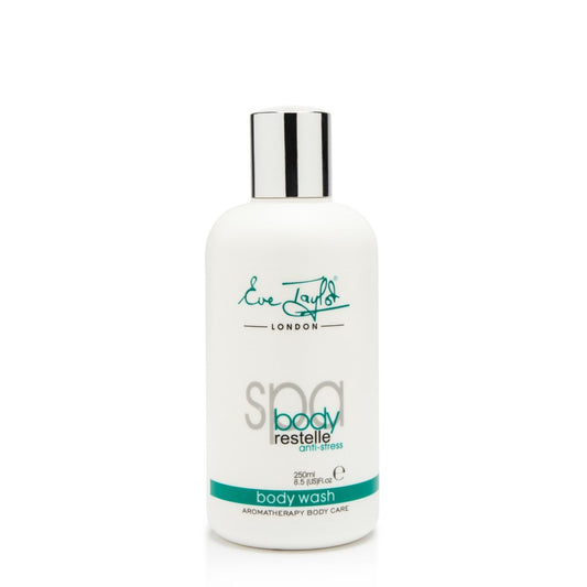 Restelle body wash bottle with silver cap, white label