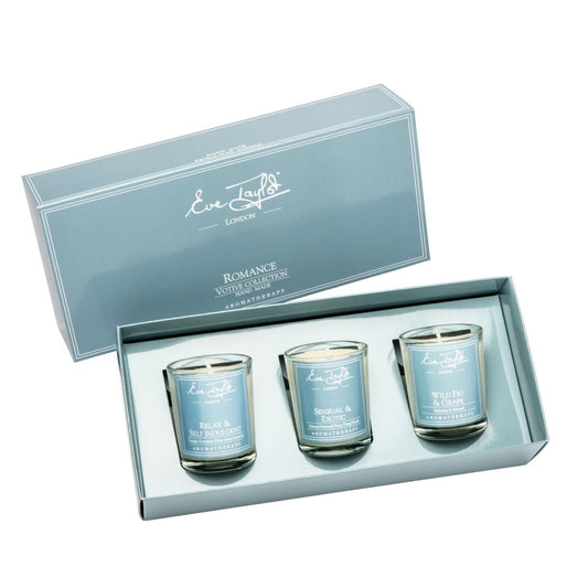 Romance votive candle set in box, three blue-labeled glass jars