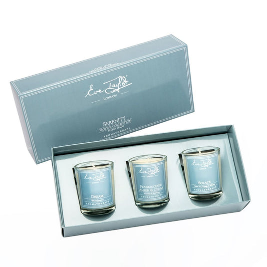 Serenity votive candle set in blue glass jars, three-pack in gift box
