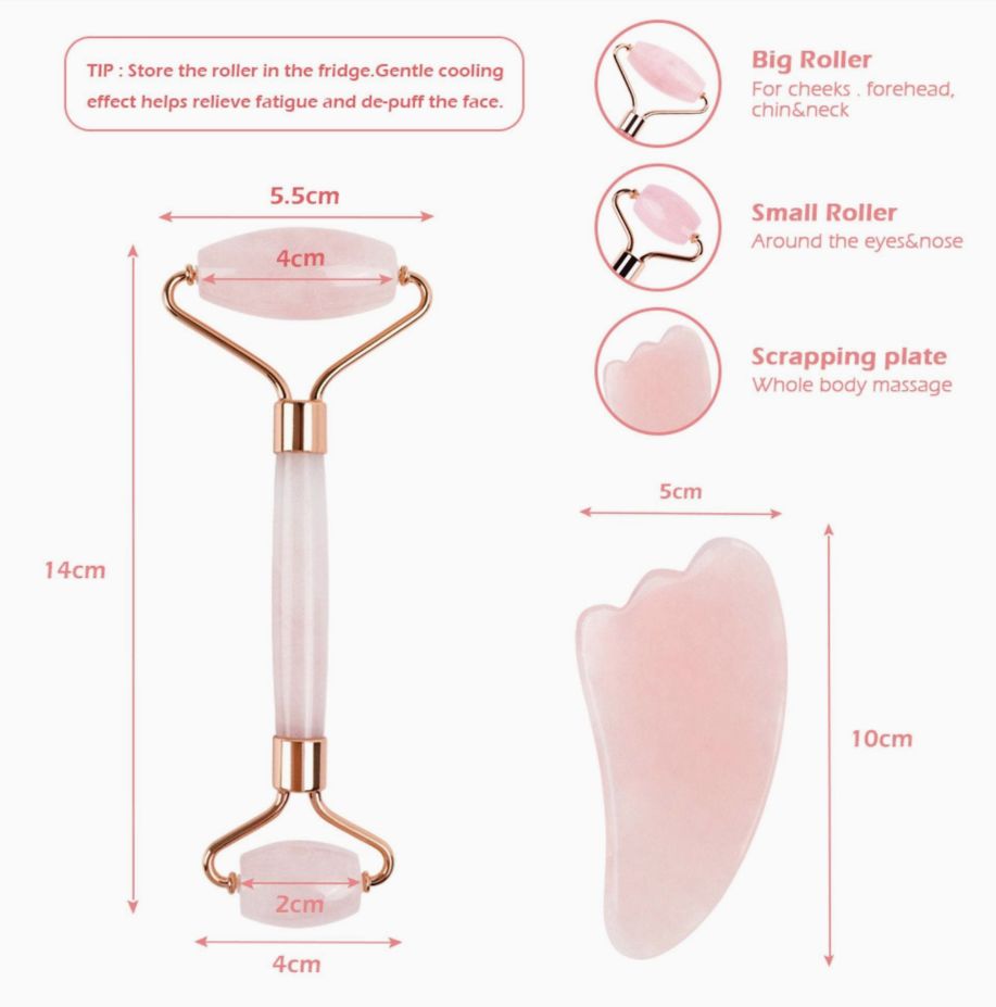 Pink jade roller and heart gua sha tool with size and care diagram